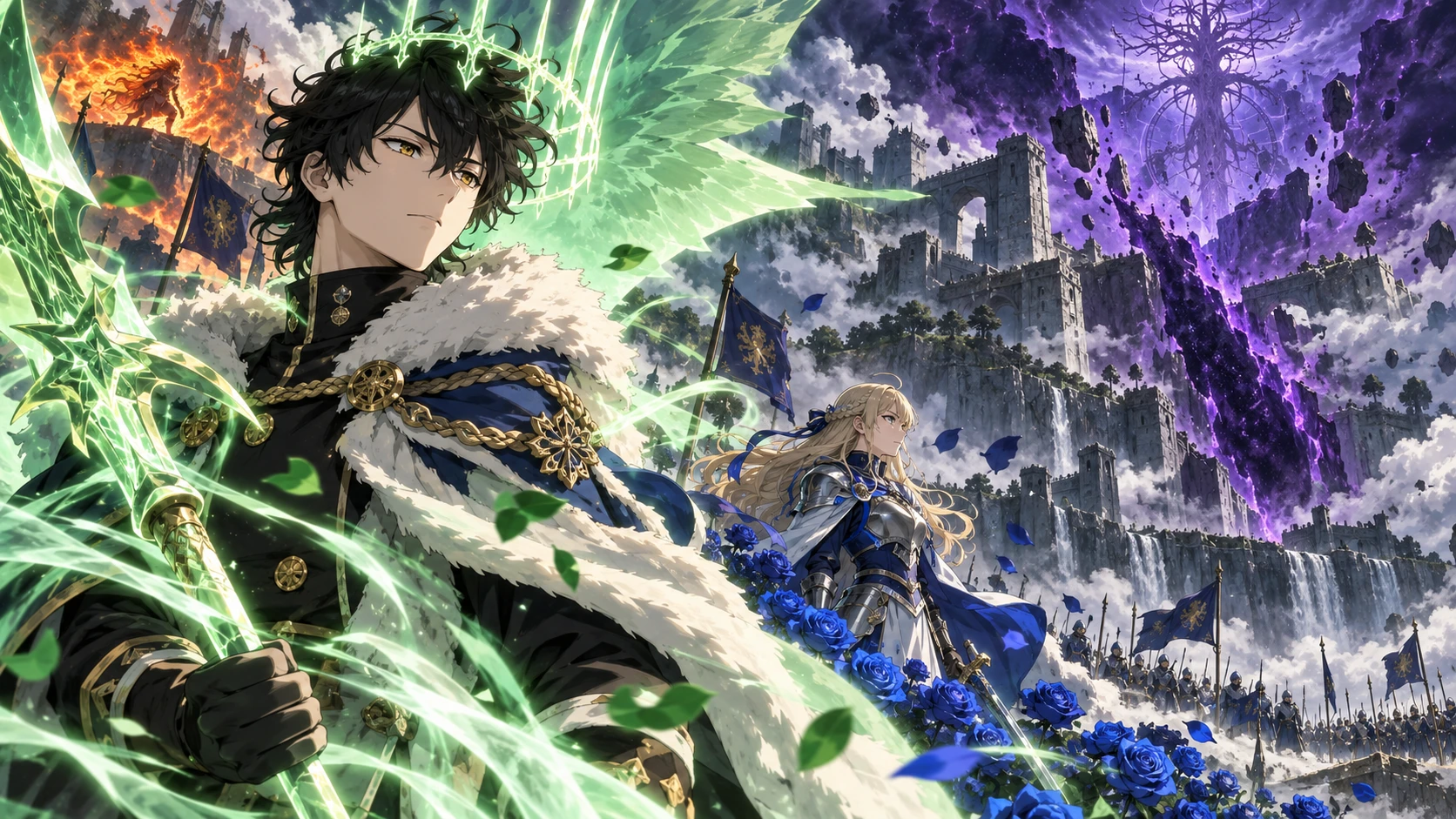 Composição conceitual de Yuno com magia de vento, Charlotte entre rosas azuis e uma ameaça violeta sobre o castelo de Spade.