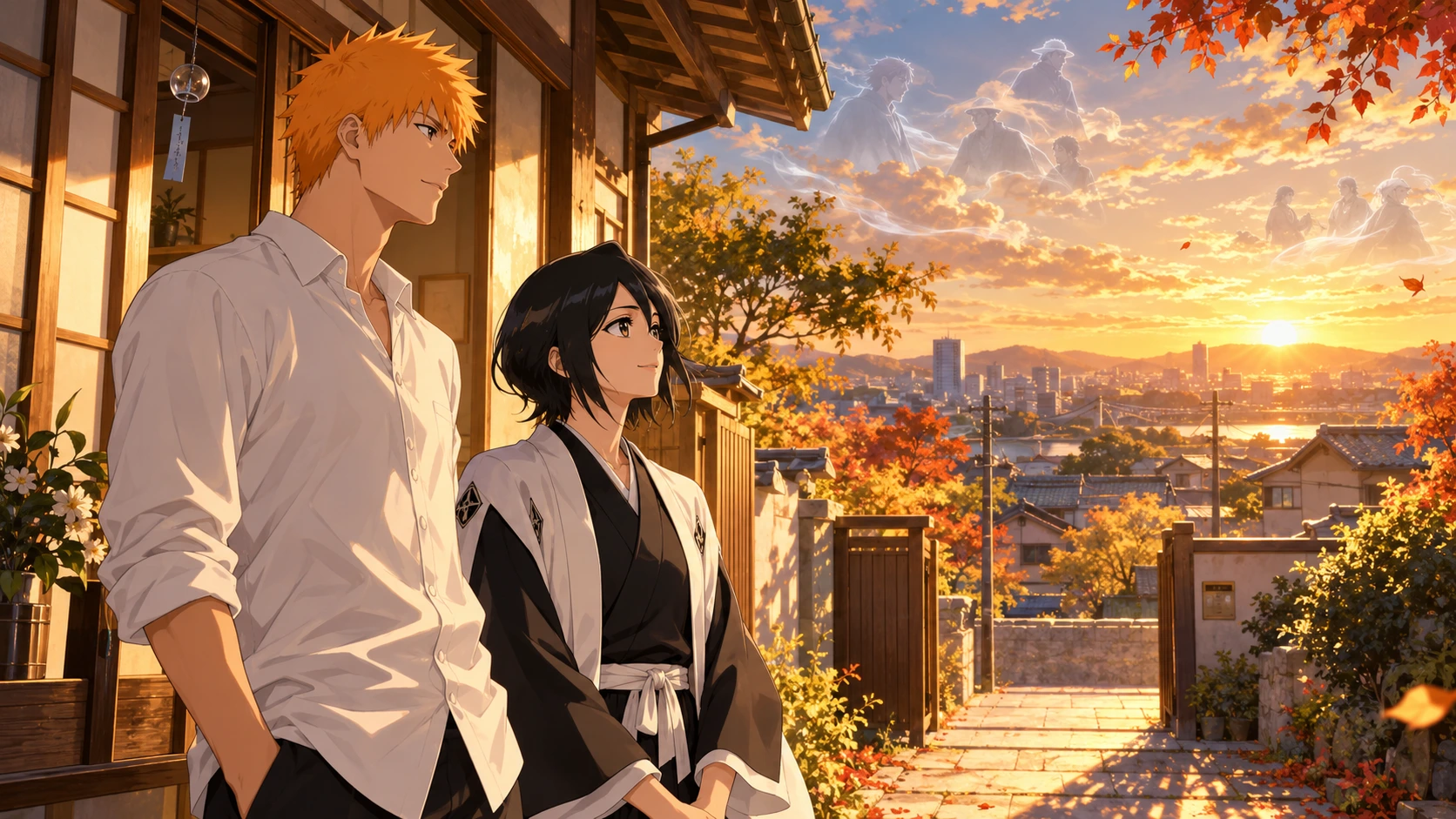 Ilustração simbólica de fã de Ichigo adulto e Rukia capitã observando a cidade em paz.