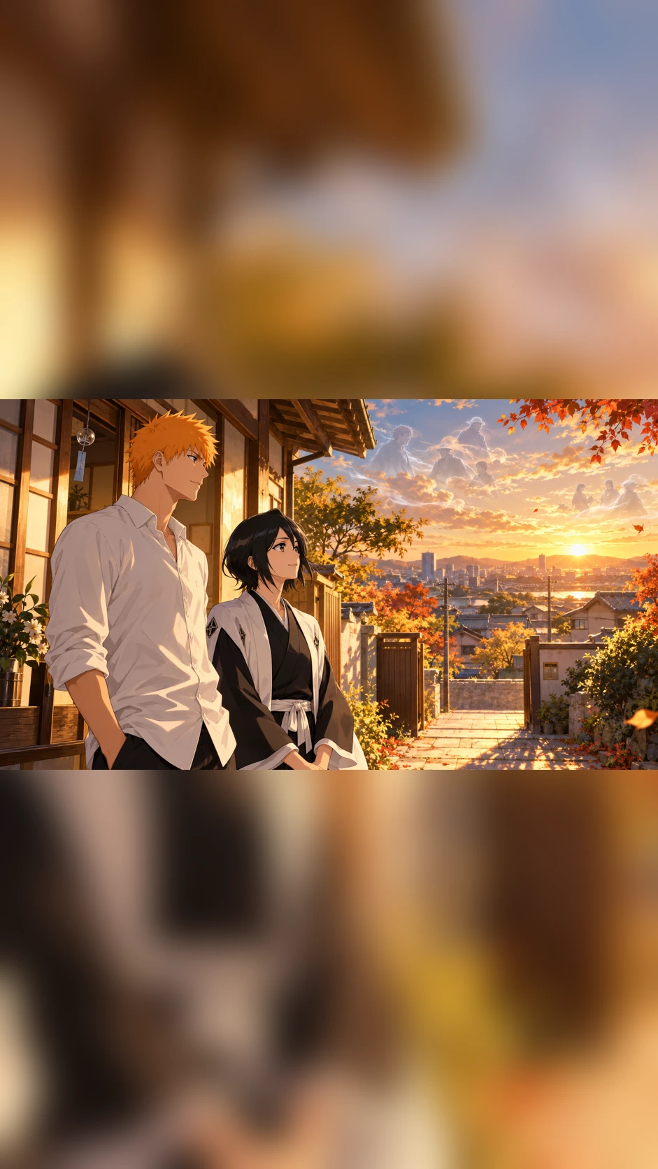 Ilustração simbólica de fã de Ichigo adulto e Rukia capitã em uma cidade em paz.