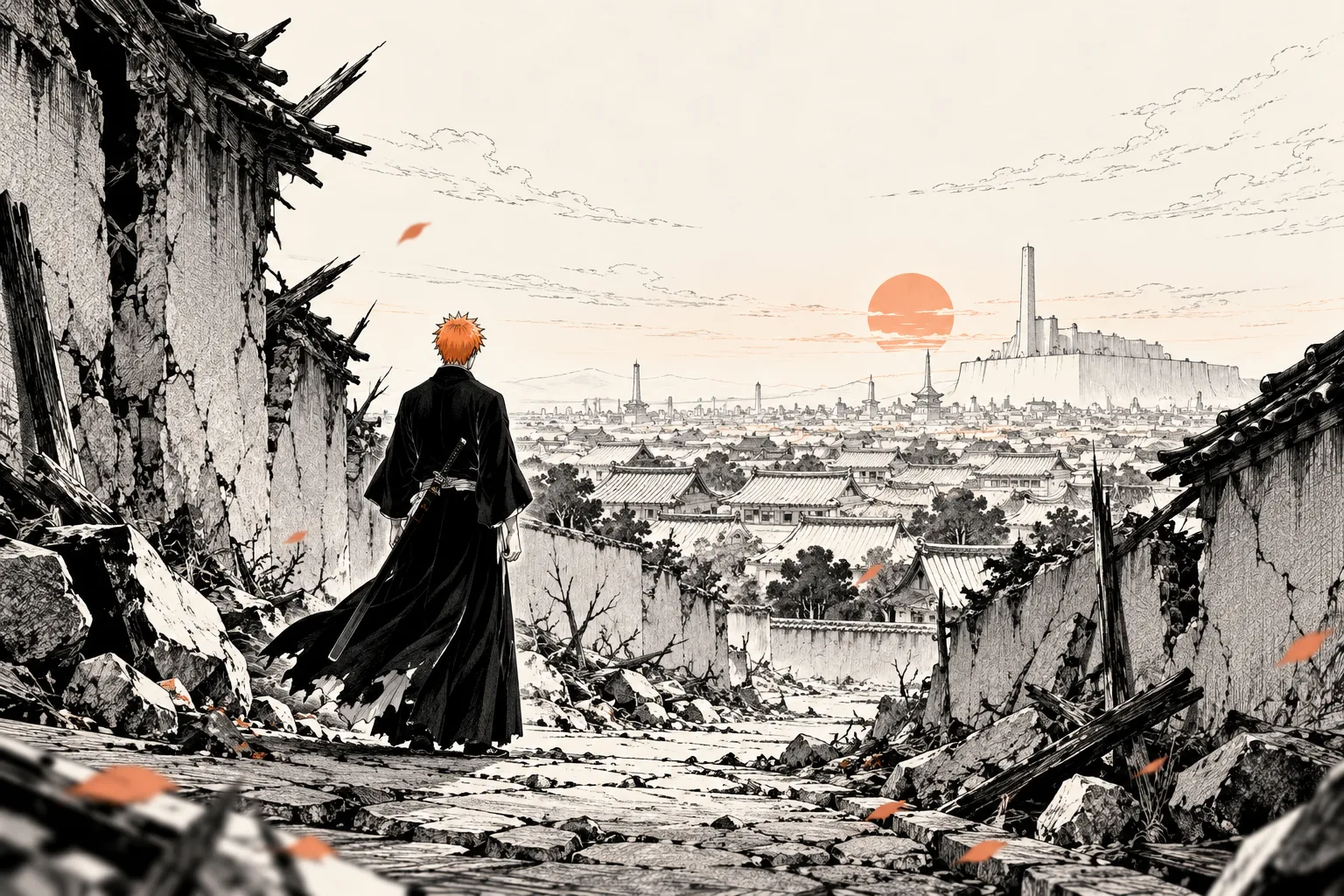 Ilustração conceitual de Ichigo de costas entre ruínas, observando uma cidade tranquila sob um sol alaranjado.