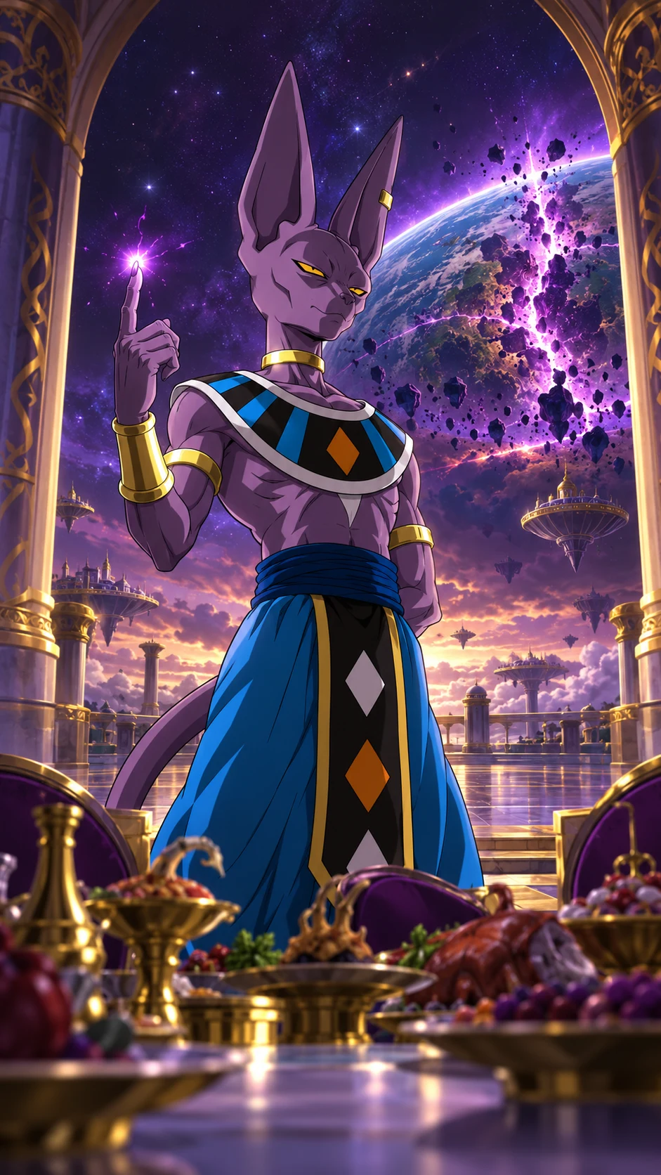 Ilustração de fã de Beerus erguendo um dedo diante de um banquete alienígena e de um horizonte em destruição.