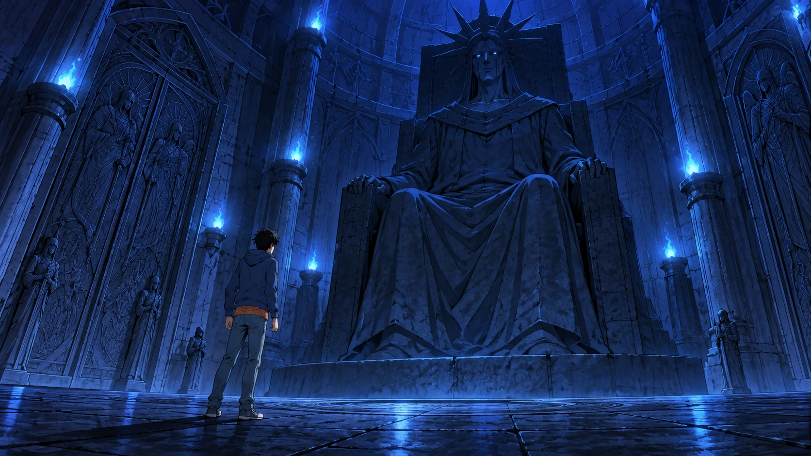 Interpretação de fã de Jinwoo diante de um grande ídolo de pedra em um templo subterrâneo.
