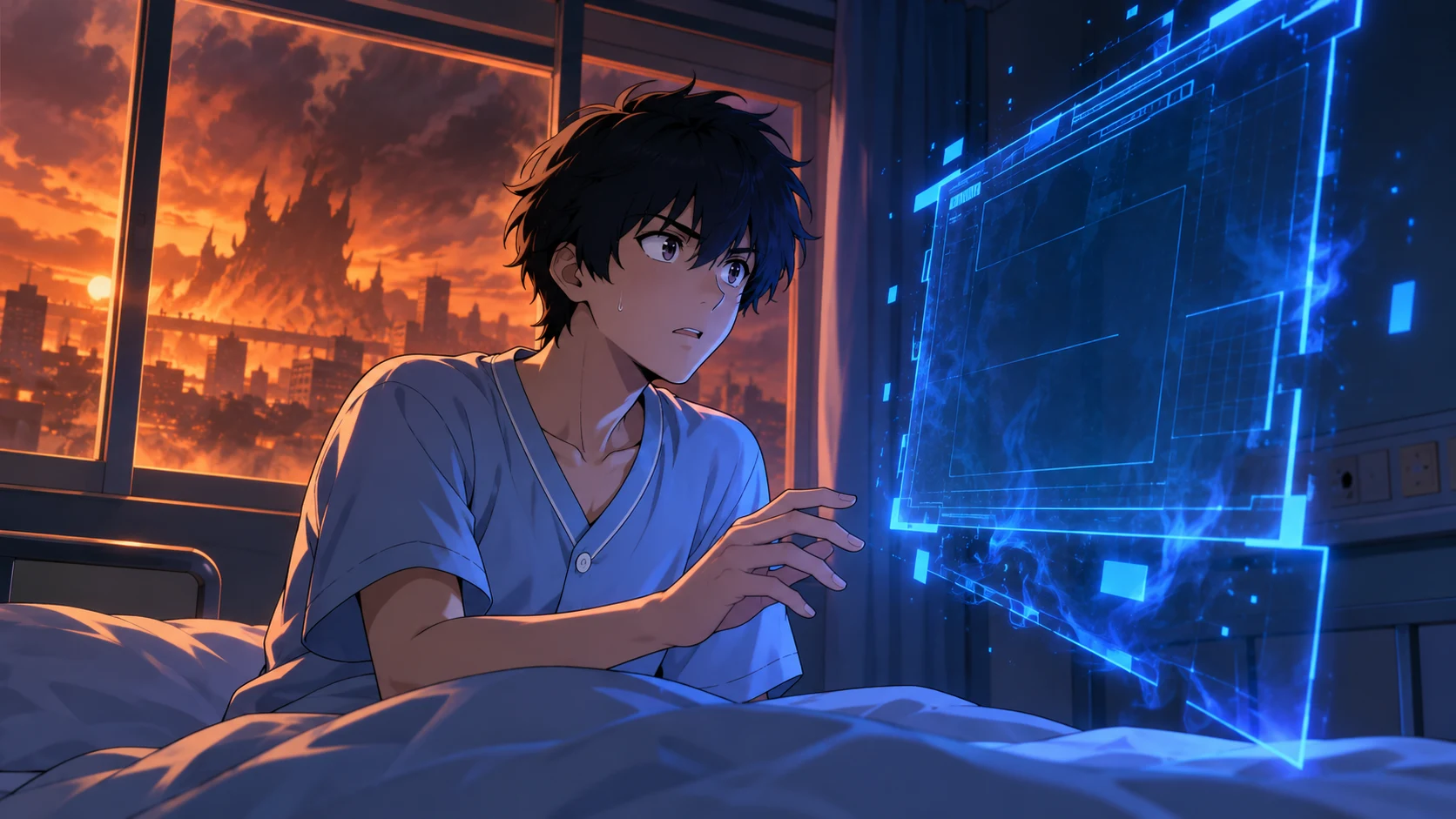 Ilustração de fã de Jinwoo no hospital diante de uma interface azul; não oficial.