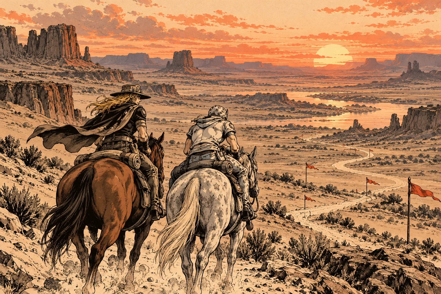 Ilustração conceitual de dois cavaleiros atravessando uma paisagem do oeste ao pôr do sol, com um caminho marcado por bandeiras.